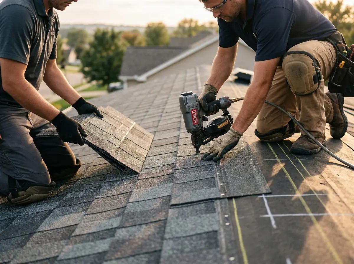 Professional roofer working on a residential roof in New Garden